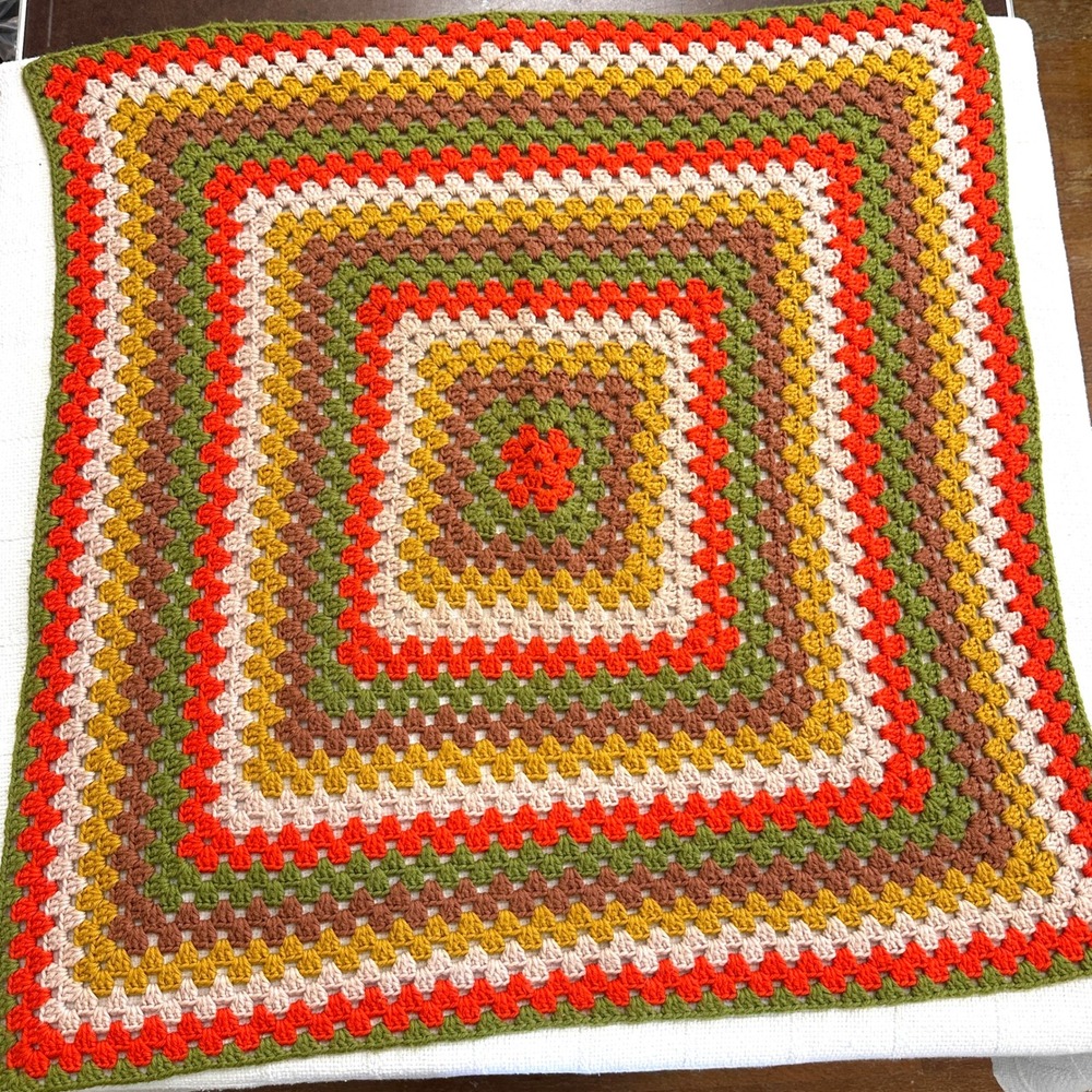 VTG 70s Granny‎ Square Crochet Baby Blanket Retro Orange Green Boho Stroller 34"